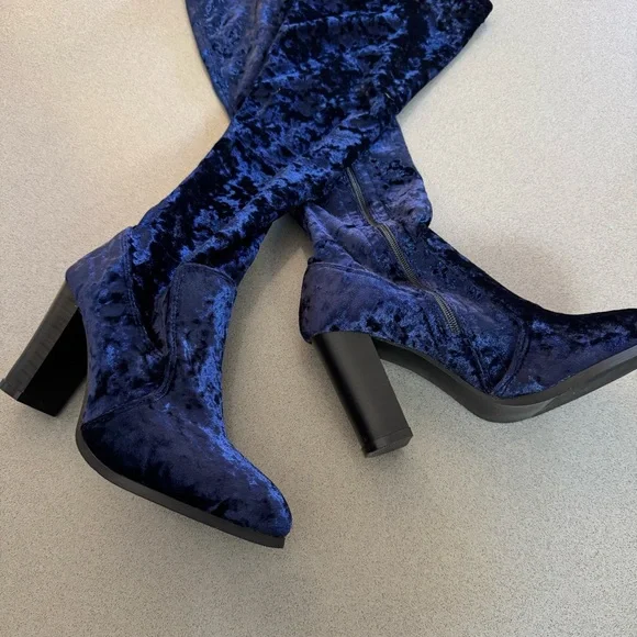 Blue Velvet Knee-High Boots - Picture 2 of 14